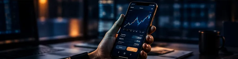 Mão segurando um celular com gráfico de mercado