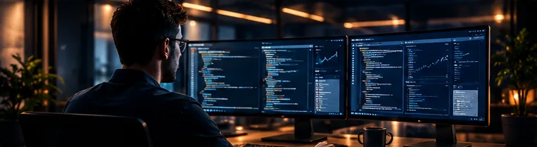 Desenvolvedor diante de dois monitores com código