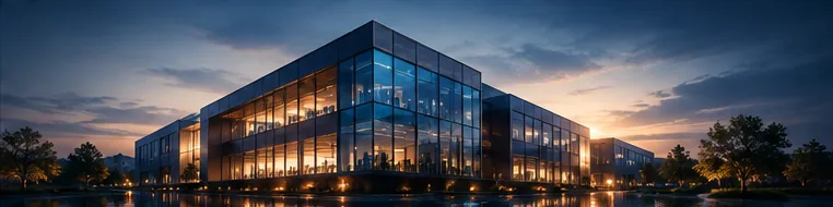 Edifício de vidro iluminado ao entardecer